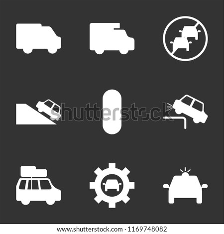 9 simple transparent vector icon pack, set of black icons such as Police Car, Car Settings, with Luggage, Falling, Wheel Frontal View, on the Hill, No Parking, Trailer Delivery Truck