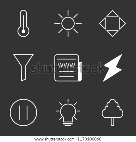 9 simple transparent vector icon pack, set of black icons such as Tree, Idea, Pause Circular Button, Energy, Web News, Filter, Move, Brightness, Temperature