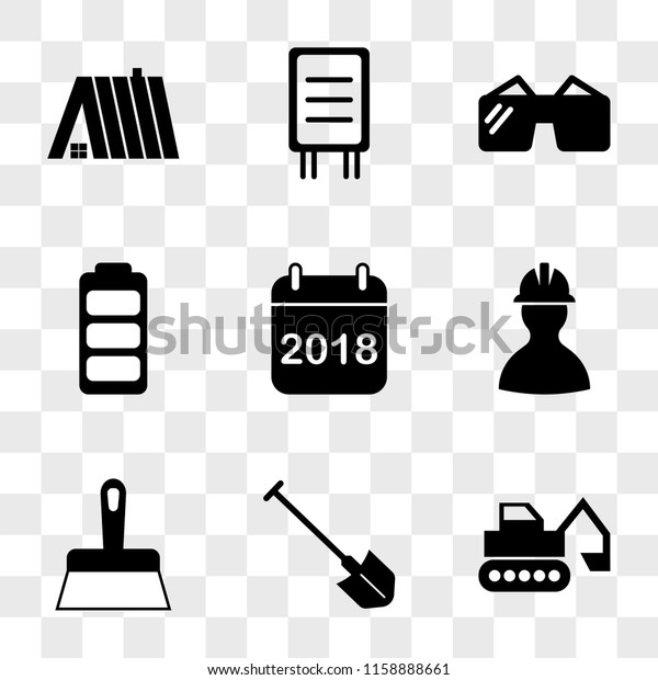 9 simple transparent\
vector icon pack, set of icons such as Escavator, Shovel, Scraper,\
Worker, Calendar, Battery Charging, Protection Glasses, Road Panel,\
Roof