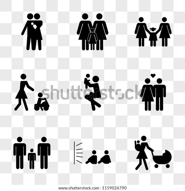 9 simple transparent vector icon pack, set of icons\
such as Mother walking with baby on her back and other stroller,\
Couple brothers sitting watching tv, Male family group, man woman\
in love, Man a