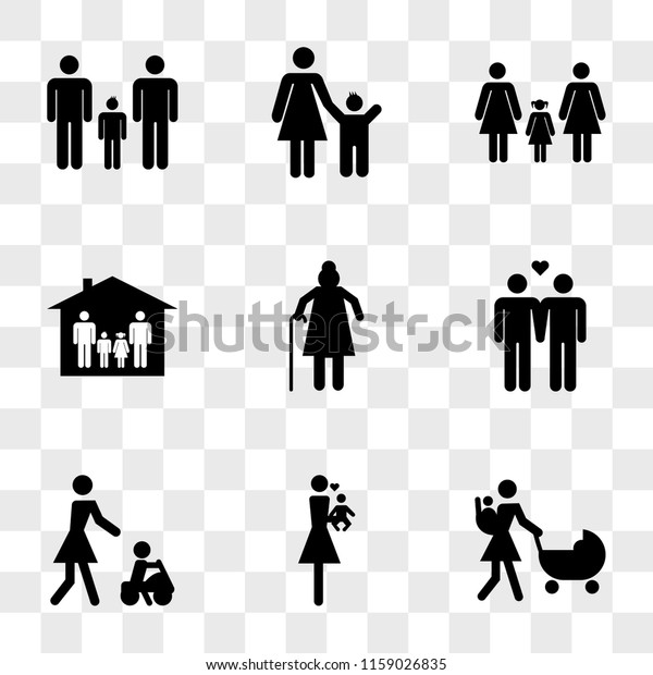 9 simple transparent vector icon pack, set of\
icons such as Mother walking with baby on her back and other\
stroller, loving baby, Baby playing a toy car his mother, Men\
couple in love, Grandmother