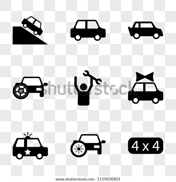 9 simple transparent vector\
icon pack, set of icons such as Sport Car, Car Heating, Police\
Present Mechanic with Wrench, Spare Tire, Sportive Normal On the\
Hill