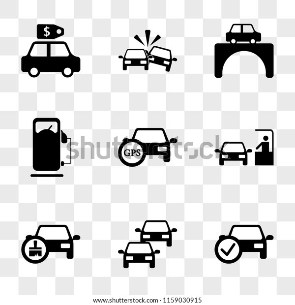 9 simple\
transparent vector icon pack, set of icons such as Checked Car, Two\
Cars in, Painted Paying Car Ticket, with GPS, Old Petrol Station,\
on the Bridge, Accident,\
Price