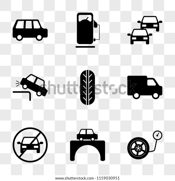 9\
simple transparent vector icon pack, set of icons such as Inflate\
Wheel, Car on the Bridge, Stop Car, Delivery Truck, Wheel Frontal\
View, Falling, Two Cars in, Old Petrol Station,\
Family