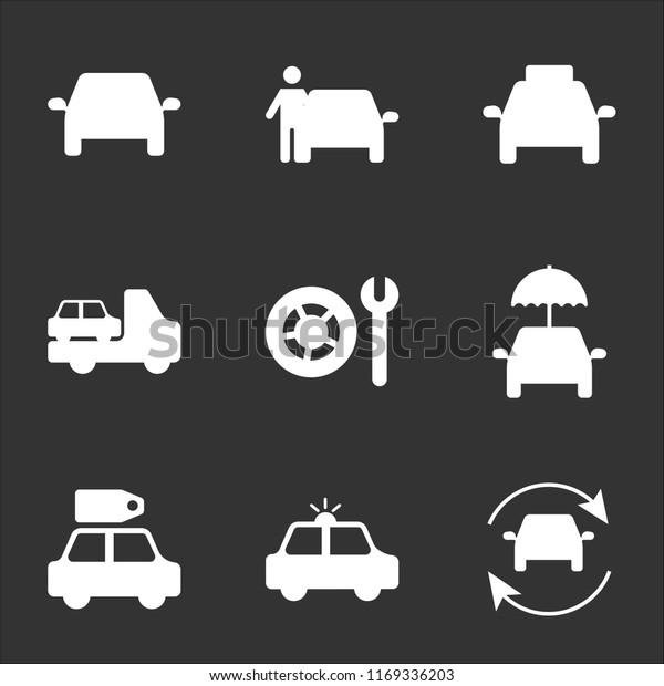 9 simple\
transparent vector icon pack, set of black icons such as Refreshing\
Car, Security Sale Umbrella Wheel and Wrench, Truck with another\
Frontal Taxi Cab, Man Front\
Car