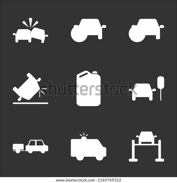 9\
simple transparent vector icon pack, set of black icons such as Car\
in Service, Ambulance with Light, Trailer, Stopped Traffic Lights,\
Petrol Can, Overturned Car, GPS, Painted\
Accident