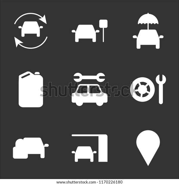 9 simple transparent\
vector icon pack, set of black icons such as Car Placeholder,\
Changing Oil, Locked, Wheel and Wrench, Service, Oil Can, Umbrella\
Car, Parked Refreshing