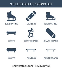 9 skater icons. Trendy skater icons white background. Included filled icons such as ice skating, skating, skate, skateboard, skate board. skater icon for web and mobile.