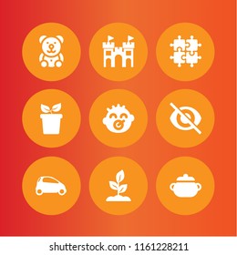 9 small icons in vector set. bear, plant with two leaves on a pot side view, mini and baby illustration for web and graphic design