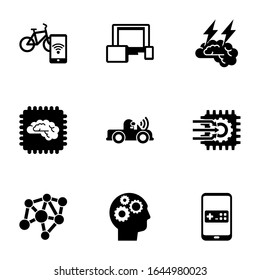 9 intelligente, gefüllte Symbole einzeln auf weißem Hintergrund. Mit Smart Bike ausgestattete Symbole, reaktionsfähiges Webdesign, Gehirnsturm, Künstliche Intelligenz, Autonome, Maschinelle Lernsymbole.