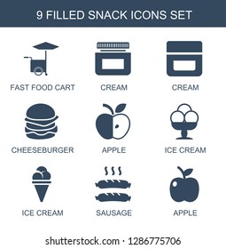 9 snack icons. Trendy snack icons white background. Included filled icons such as fast food cart, cream, cheeseburger, apple, ice cream, sausage. snack icon for web and mobile.