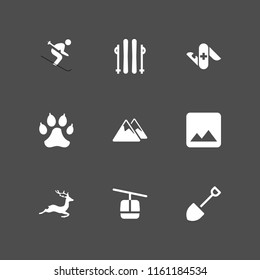 9 snow icons in vector set. deer, skiing, cable car cabin and mountain illustration for web and graphic design