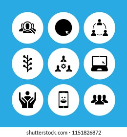9 society icons in vector set. group, humanitarian, smartphone with emoticon and internet illustration for web and graphic design