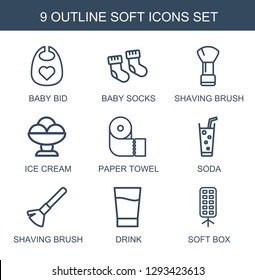 9 soft icons. Trendy soft icons white background. Included outline icons such as baby bid, baby socks, shaving brush, ice cream, paper towel, soda. soft icon for web and mobile.