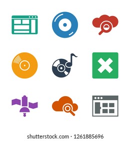 9 software icons. Trendy software icons white background. Included filled icons such as browser window, search cloud, satellite, cancel, disc on fire. software icon for web and mobile.