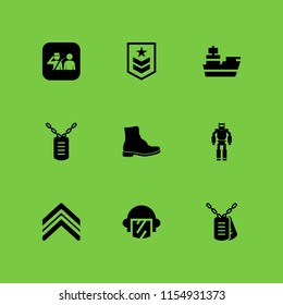 9 soldier icons in vector set. military, military robot machine, combat boots and dog tag illustration for web and graphic design