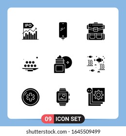 9 Solid Black Icon Pack Glyph Symbols for Mobile Apps isolated on white background. 9 Icons Set.