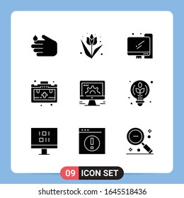 9 Solid Black Icon Pack Glyph Symbols for Mobile Apps isolated on white background. 9 Icons Set.