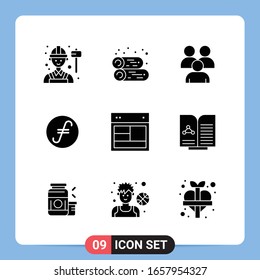 9 Solid Black Icon Pack Glyph Symbols for Mobile Apps isolated on white background. 9 Icons Set.