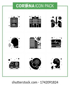 9 Solid Glyph Black Corona Virus pandemic vector illustrations  building; couph; breath; rhinitis; diseases viral coronavirus 2019-nov disease Vector Design Elements