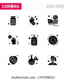9 Pandemievektorgrafiken mit Solid Glyph Black Corona Virus; schmutzig; waschen; Kabeljau; Schiff virales Coronavirus 2019-nov Krankheit Vector Design Elements