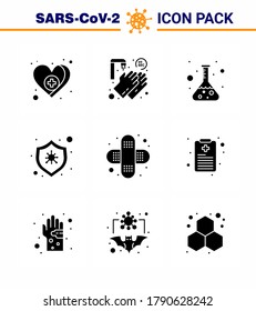 9 Solid Glyph Black Corona Virus pandemic vector illustrations  bandage; desease; flask; virus; bacteria viral coronavirus 2019-nov disease Vector Design Elements