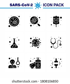 9 Solid Glyph Black Corona Virus pandemic vector illustrations  coronavirus; test; scan; science; flask viral coronavirus 2019-nov disease Vector Design Elements