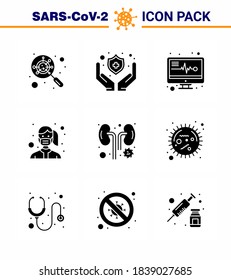 9 Solid Glyph Black Corona Virus pandemic vector illustrations  infection; disease; medical monitor; wear; protection viral coronavirus 2019-nov disease Vector Design Elements