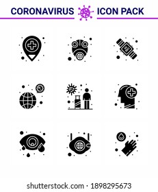 9 Pandemie-Vektorgrafik-Infektion mit dem Schwarzen Korona-Virus, Solid Glyph; Kabeljau; Händehygiene, Coronavirus; Vectordesign Elements für das weltweite virale Coronavirus 2019-nov-Virus