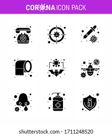 9 Solid Glyph Black Coronavirus disease and prevention vector icon  carrier; safety; dropper; tissue; cleaning viral coronavirus 2019-nov disease Vector Design Elements