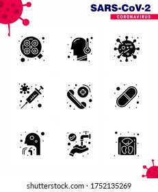 9 Pazifische Epidemie-Ikonenpackung mit schwarzem Koronavirus (Solid Glyph Black Coronavirus) als Notfall; Virus, Bakterien; Impfstoff; Grippevirales Coronavirus 2019-nov Krankheit Vectordesign Elements