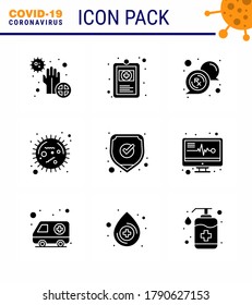 9 Solid Glyph Black Coronavirus Epidemic Icon Pack saugt als Virus. Krankheit; Krankheit; Bakterien; rx viral coronavirus 2019-nov disease Vector Design Elements