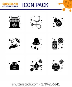 9 Solid Glyph Black coronavirus epidemic icon pack suck as  allergy; wash; blood virus; hands spray; alcohol viral coronavirus 2019-nov disease Vector Design Elements