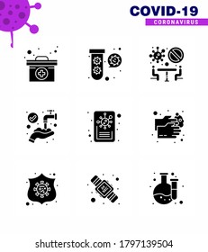 9 Solid Glyph Black Coronavirus Covid19 Icon Pack wie News; medizinisch, Virus, Hände; Viruscoronavirus 2019-nov-Krankheit Vektor Design Elements