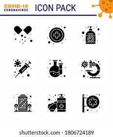 9 Solid Glyph Black Coronavirus disease and prevention vector icon  lab; virus; cream; vaccine; flu viral coronavirus 2019-nov disease Vector Design Elements