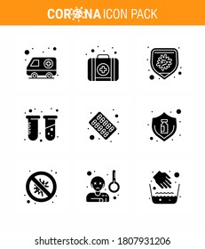 9 Solid Glyph Black coronavirus epidemic icon pack suck as  pills; capsule; bacteria; lab; test viral coronavirus 2019-nov disease Vector Design Elements