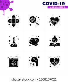 9 Solid Glyph Black Coronavirus Covid19 Icon pack such as  hand; test; beat; science; flask viral coronavirus 2019-nov disease Vector Design Elements