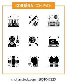 9 Solid Glyph Black Coronavirus Covid19 Icon pack such as  sickness fever; pain; attach; headache; survice viral coronavirus 2019-nov disease Vector Design Elements
