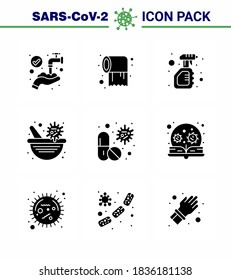 9 Solid Glyph Black Coronavirus disease and prevention vector icon  virus; pharmacy bowl; cleaning; pharmacy; virus viral coronavirus 2019-nov disease Vector Design Elements