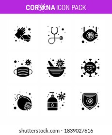 9 Solid Glyph Black Coronavirus disease and prevention vector icon  pharmacy; safety; mask; medical; face viral coronavirus 2019-nov disease Vector Design Elements