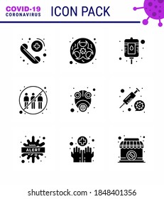 9 Solid Glyph Black Coronavirus Covid19 Icon Pack wie Epidemie; Infektion; Warnung; menschlich; Kommunikations-Virus Coronavirus 2019-nov Krankheit Vektor Design Elements
