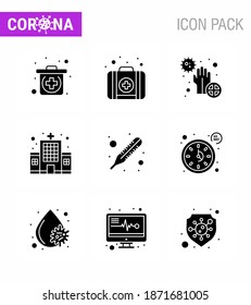 9 Solid Glyph Black Coronavirus Covid19 Icon Packung, z. B. Zeit; Uhr; Gesundheitsversorgung; Thermometer; Fieber virales Coronavirus 2019-nov Krankheit Vectordesign Elements