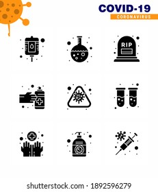 9 Morbus Solid Glyph Black Coronavirus und Prävention von Vektorsymbol; Alarm; Grab; sprühen; Hände virales Coronavirus 2019-nov Krankheit Vektor Design Elements