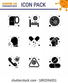 9 Paquete de iconos Sólidos de Glifo Negro Coronavirus Covid19, como medicamentos; couph; sangre; rinitis; enfermedad coronavirus viral 2019-nov Elementos de diseño de vectores