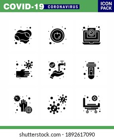 9 Glifo sólido Coronavirus negro Covid19 Paquete de iconos como manos; insalubre; archivo; manos; bacterias coronavirus viral 2019-nov Enfermedad Vector Elementos de diseño