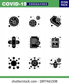 9 Solid-Glyph-Black-Coronavirus Covid19 Icon-Packung, wie zum Beispiel Gesundheit; Verband; Virus, Hilfe; Viruscoronavirus 2019-nov Krankheit Vektor Design Elements