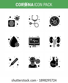 9 Solid Glyph Black Coronavirus disease and prevention vector icon  reports; medical electronics; bacteria; positive; drop viral coronavirus 2019-nov disease Vector Design Elements