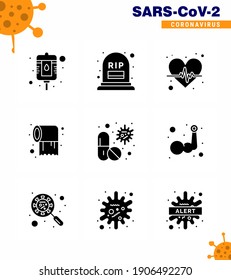 9 Packung mit 9 Solid Glyph Black Coronavirus Covid19 Symbolen wie Kapsel; Virus, Herz; Pflege; Virus-Coronavirus 2019-nov-Krankheit Vector Design Elements