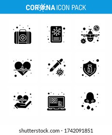 9 Solid Glyph Black Set of corona virus epidemic icons. such as  virus; healthcare; travel; dropper; pulse viral coronavirus 2019-nov disease Vector Design Elements