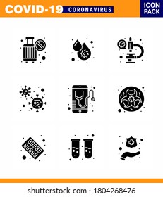 9 Sólido Glifo Negro conjunto de íconos epidémicos del virus de la corona. tales como la salud; covid; plaquetas; coronavirus; virus de la coronavirus viral 2019-nov Enfermedad Vector Elementos de diseño